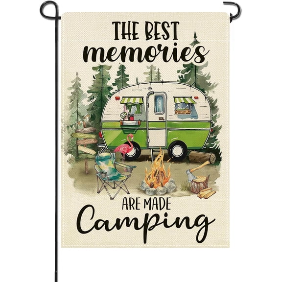 Camping Memories Decorative Garden Flag, Double Sided Burlap Outdoor Yard Decor With Camper and Campfire, 12 x 18 Inches
