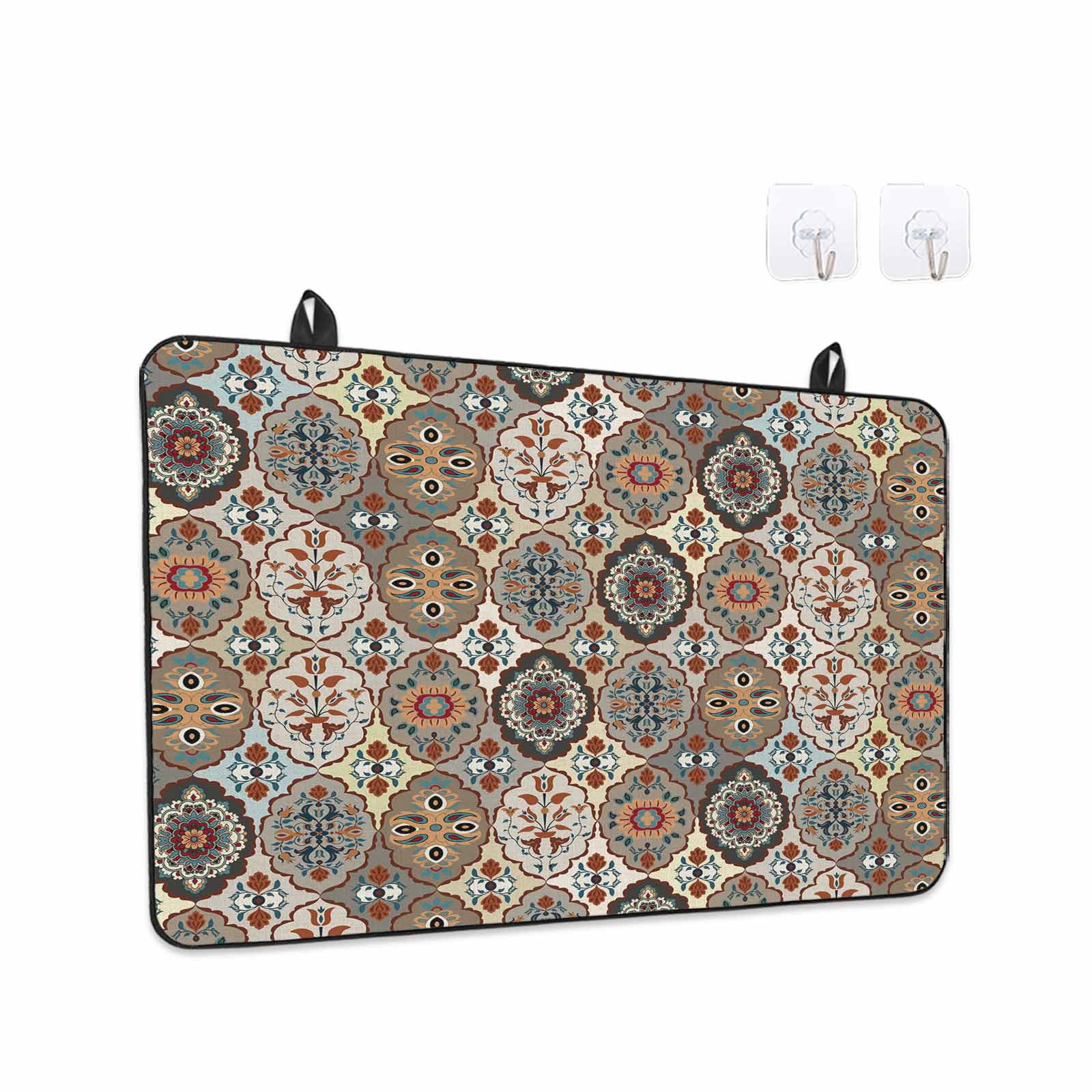 Abstract Flower, Stove Top Cover for Electric Stove, Heat-proof & Non Slip Glass Top Stove Cover Protector, Oriental Bohemia Brown Geometric Leaves Kitchen Flat Cooktop Rubber Mat 24x21 Inches