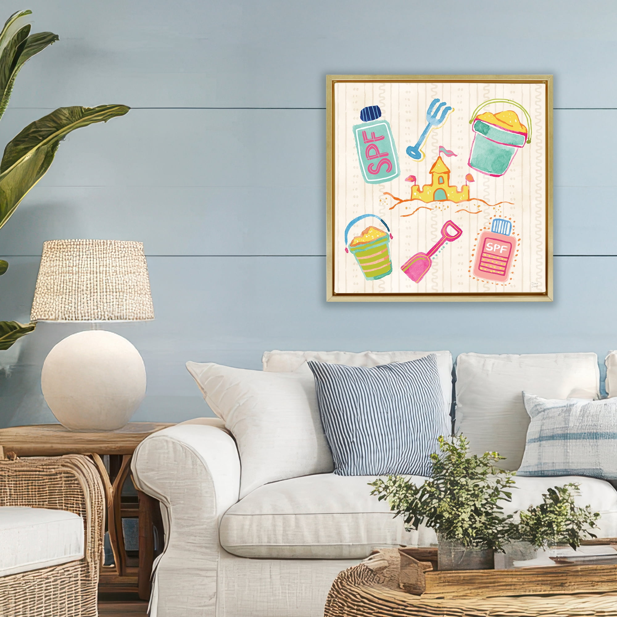Stupell Industries Fun In The Sun Beach Pails Gold Framed Floater Canvas Wall Art, design by Dina June