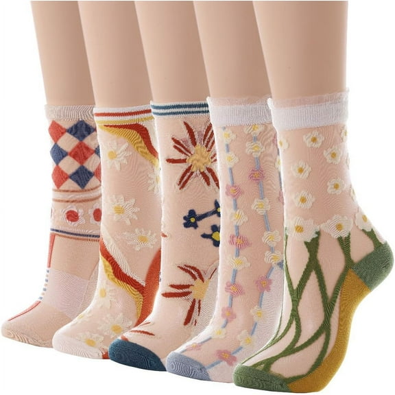 Zhengup Sheer Sock Flower See Through Socks Lace Sheer Ankle Socks Mesh Transparent Socks Short Silk Stockings for Women and Girls(5 Pairs)