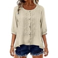 thumbnail image 5 of Plus Size Womens Clothes Kelon Women's Embroidered Cotton Linen Button Top Crew Neck 3/4 Sleeve T-Shirt 2026 Spring Summer Fashion Clothes, M, 5 of 7
