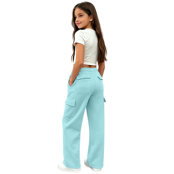 Girls Cargo Sweatpants Preppy Wide Leg Baggy Track Pants Teen Straight Leg Joggers Open Bottom Trousers with Pockets
