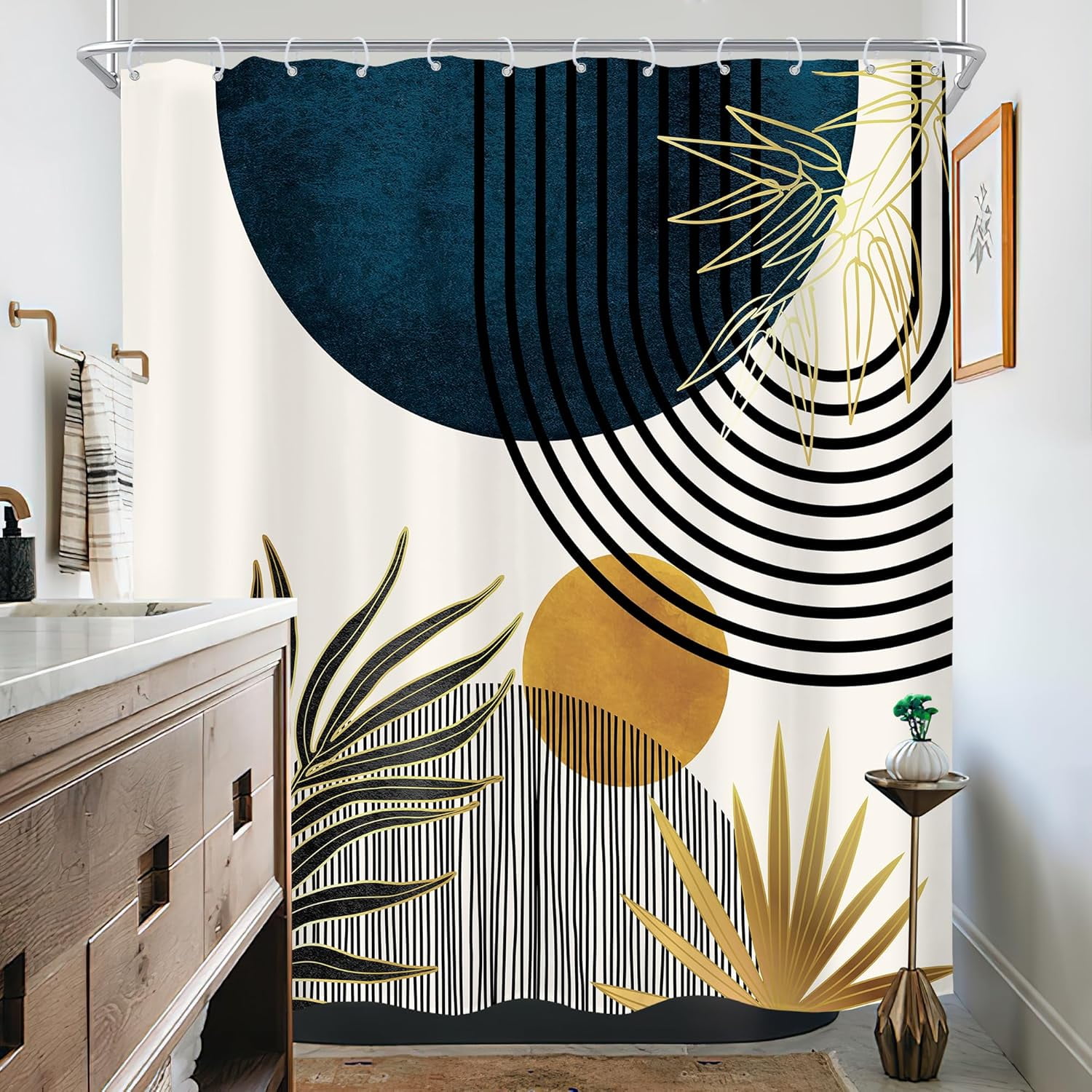 Blue Mid Century Boho Shower Curtain for Bathroom Decor 72Wx72H Inches Abstract Modern Sun Minimalist Aesthetic Arch Curve Leaves Geometric Neutral Fabric Waterproof Polyester 12 Pack Hooks