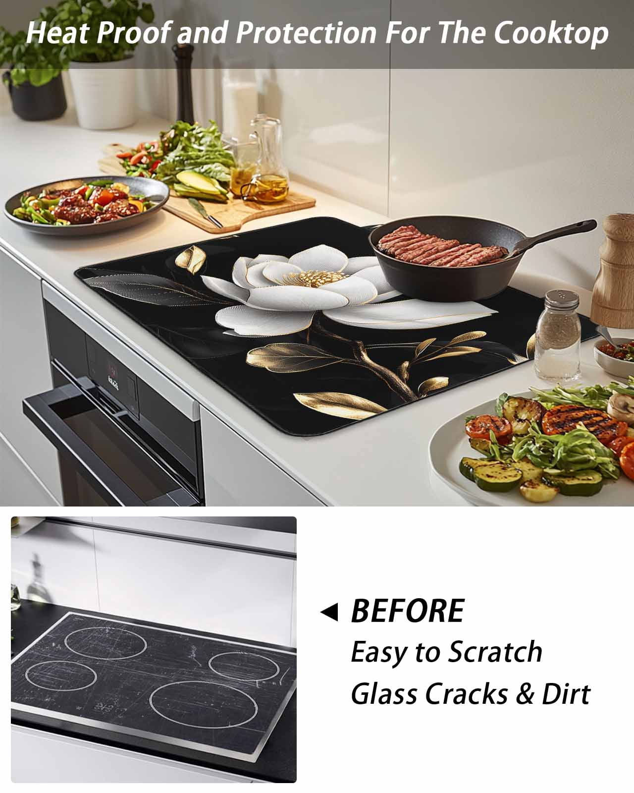Stove Top Covers for Electric Stove, Gorgeous Flowers Glass Stovetop Cover Protector, White Gold Floral Botanicals Black Induction Cooktop Protector Oven Mat for Kitchen Countertop 24"x21"