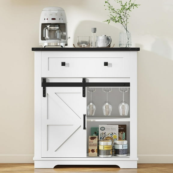 Real Relax Coffee Bar Cabinet, Farmhouse Sideboard Buffet Cabinets with Storage, Wine Glass Rack, Sliding Barn Door, Buffet Table for Kitchen, Dining Room, Entryway, White