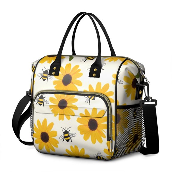 OBREWU Bees and Sunflowers Women's Insulated Leakproof Large Lunch Bag, Oxford Cloth