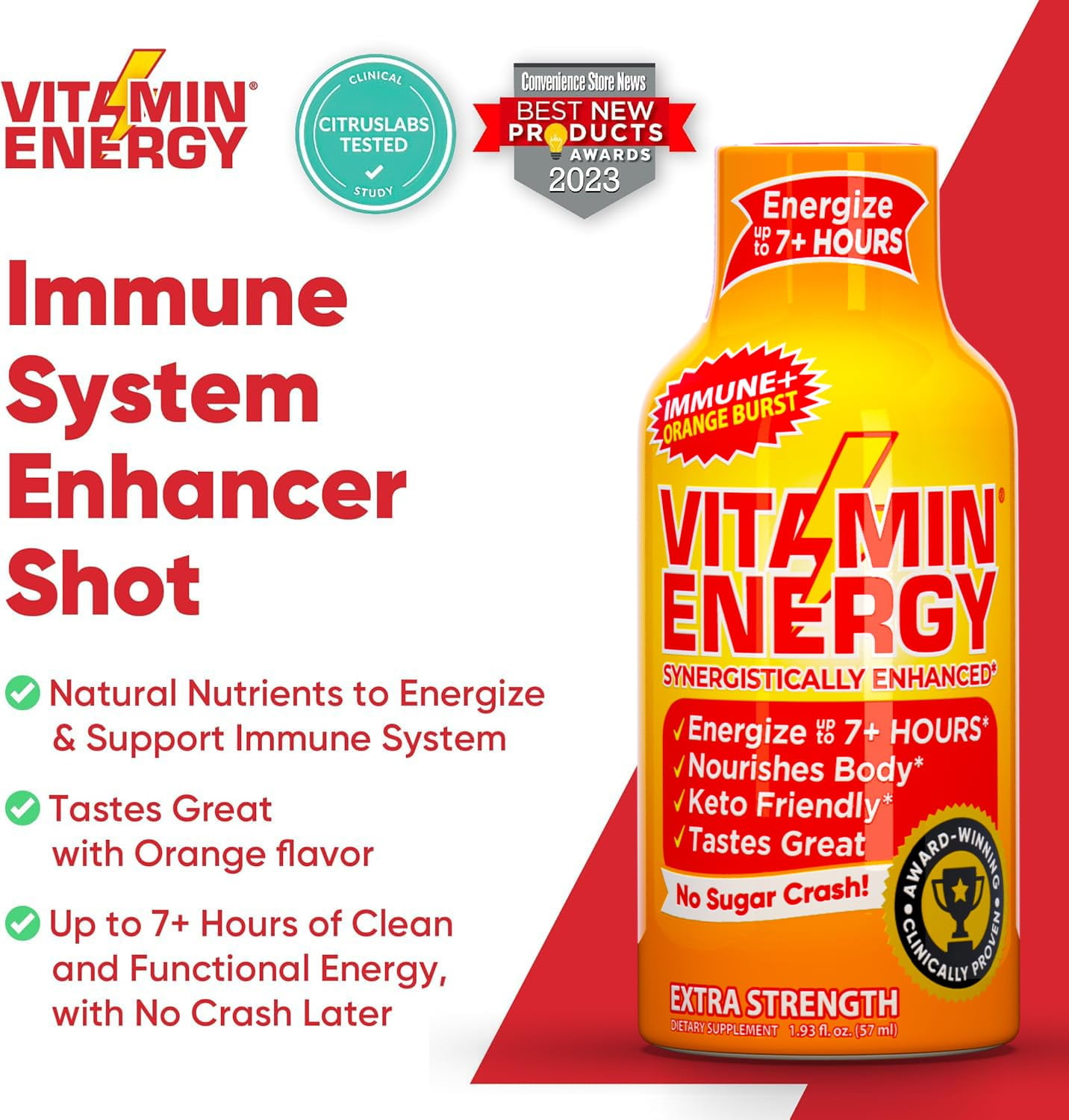 Vitamin Energy Immune+ Extra Strength Shot, Orange Burst, 48 Pack – 260mg Natural Caffeine, B-Vitamins & Citicoline, Zero Sugar, 1.93 fl oz