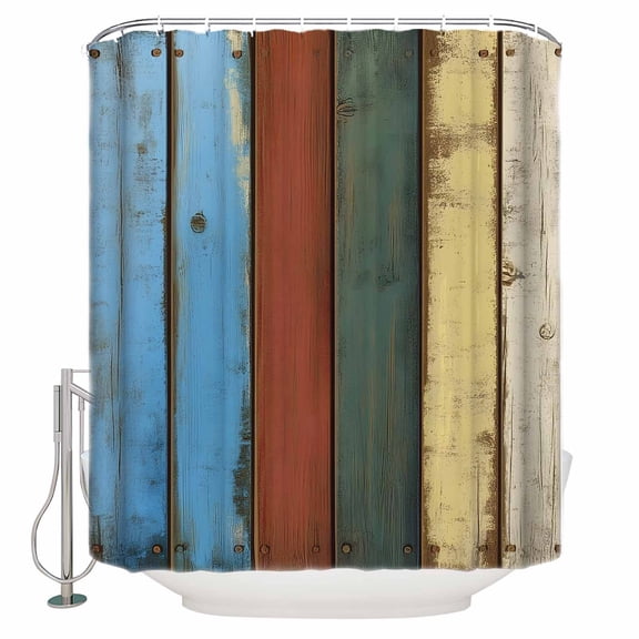 Small Stall Shower Curtain 36x72 Inch Narrow Half Size Blue Teal Red Farmhouse Bath Curtains Bathroom Decor Vintage Wooden Retro Waterproof Fabric Shower Curtain Set with Hooks 36 Inch