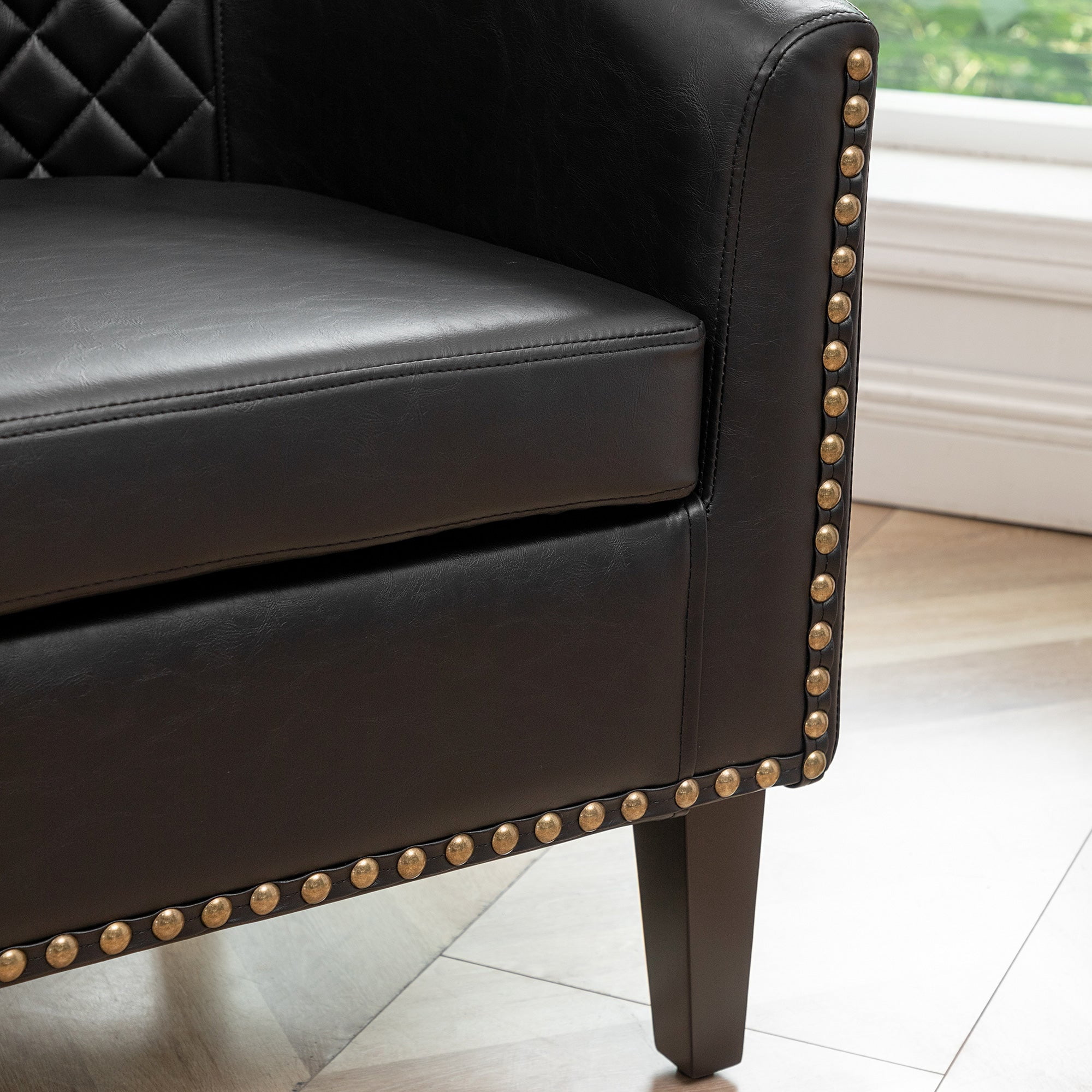 29" W Modern Faux Vegan Leather Barrel Chair, PU Upholstered Tufted Accent Club Chairs with Nailhead Trim, Small Armchair for Living Room Bedroom Apartment Lounge Nursery, Black