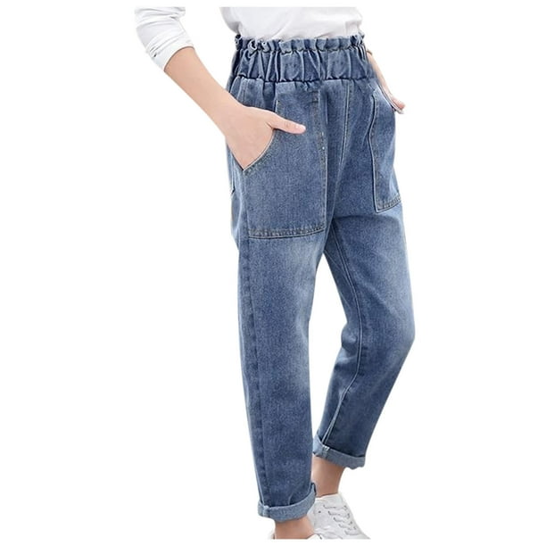 Odeerbi 3-14 Años Niñas Vaqueros Delgados Pantalones de Vaquero Lindos Primavera Verano Cintura Elástica Pantalones Cómodos de Longitud Completa Con Bolsillo