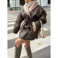 thumbnail image 4 of Women Faux Leather Jacket with Faux Fur Collar, Winter Long Sleeve Furry Trim Peplum Parka Coat with Belt Brown L, 4 of 9