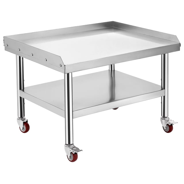 Table Support de Gril en Acier Inoxydable Robuste 24"x24"x24 Pouces – Tablette Supérieure 1000 Lb, Tablette Inférieure Réglable 220 Lb, Pare-Chocs de Bord 2 Pouces, Pattes Ajustables, Non Alimentée avec Roulettes