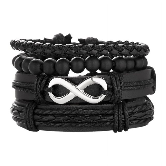Coconut Shell Wooden Bead Braided Hand Rope Leather Combination Bracelet Set Men‘s Bracelets-4 Pack