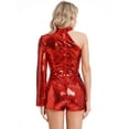 thumbnail image 4 of iEFiEL Women's Sparkly Sequin Shorts Jumpsuits One Shoulder Long Sleeve Romper Party Club Outfit Red 3XL, 4 of 7