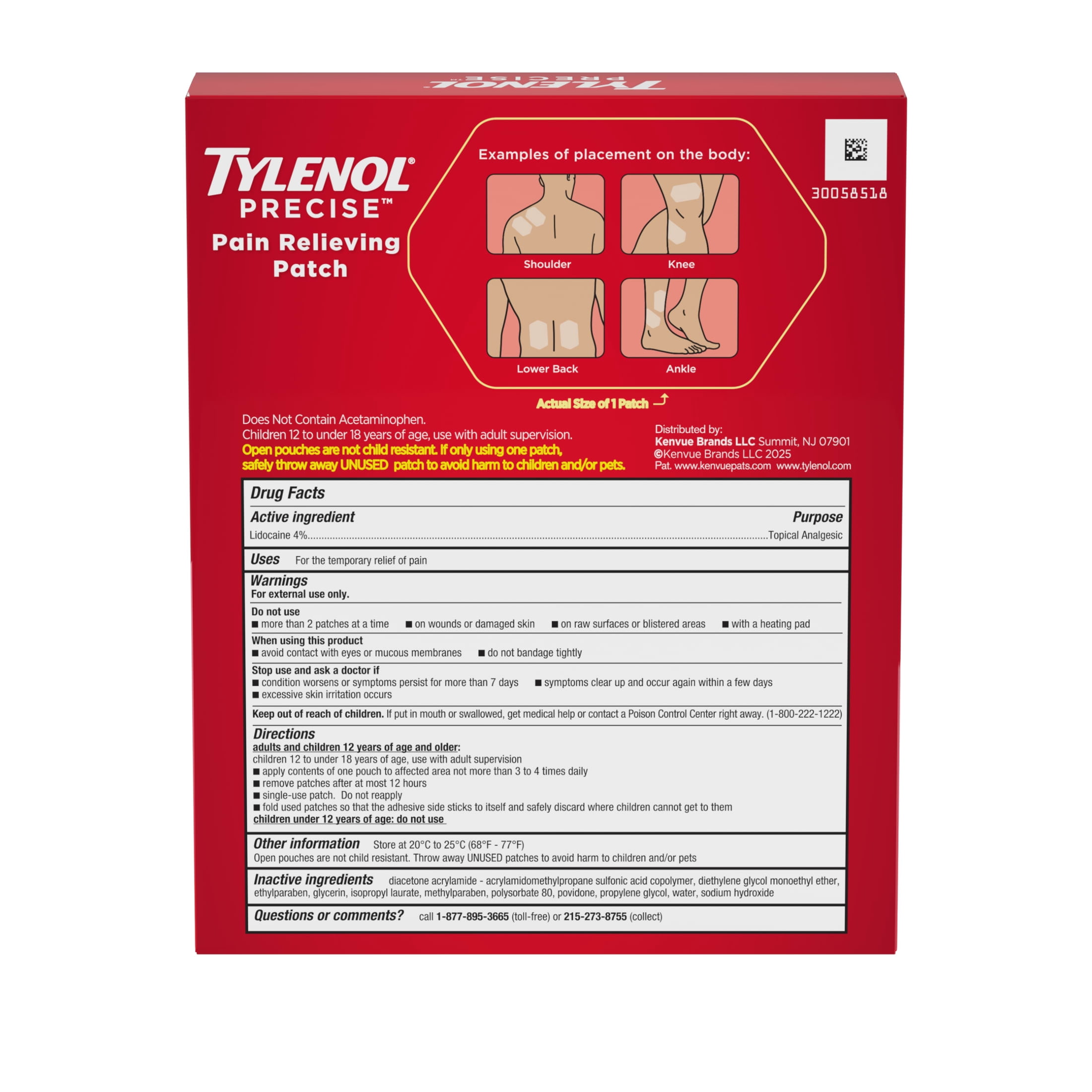 Tylenol Precise Pain Relief Patches, Max OTC Strength Lidocaine, 3 x 2 Count