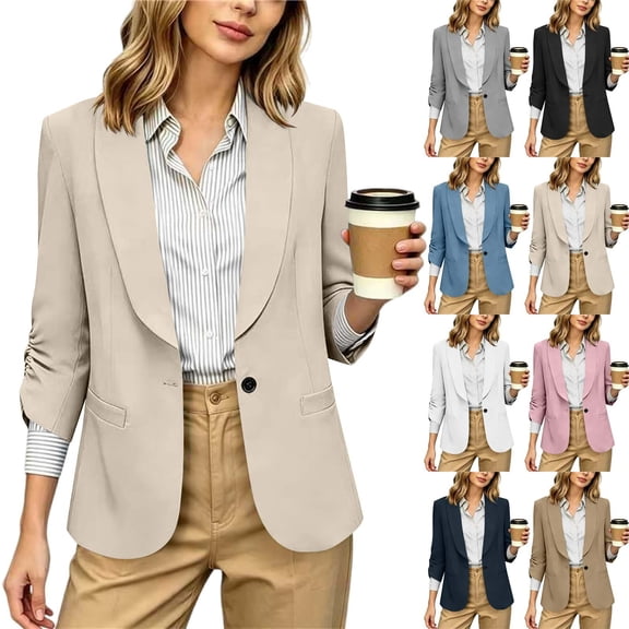 Tqyyweavej Women's Summer Blazer Open Front Solid Color Office Suit Button 3/4 Length Sleeve Casual Jackets for Women with Pockets