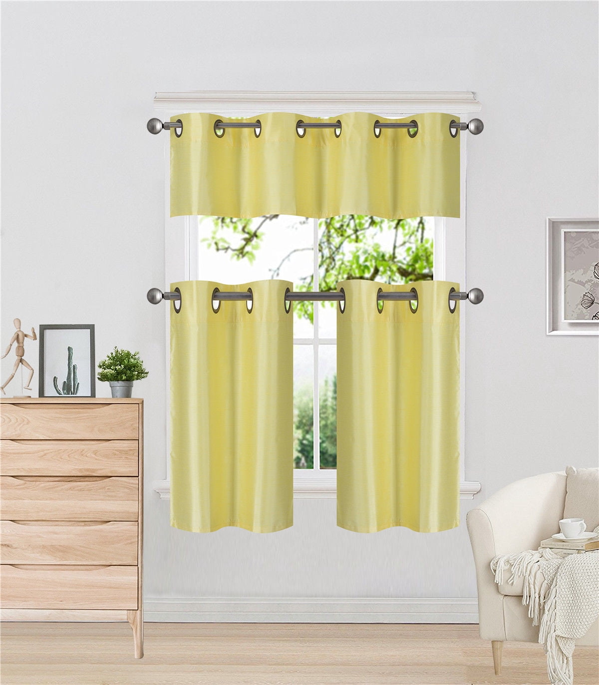 K7 Yellow 3-Piece Solid Faux Silk Blackout Grommet Kitchen Window ...