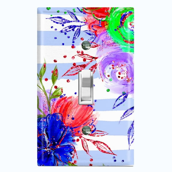 Metal Light Switch Plate Cover Floral Pastel Teal Striped Pattern FLW009