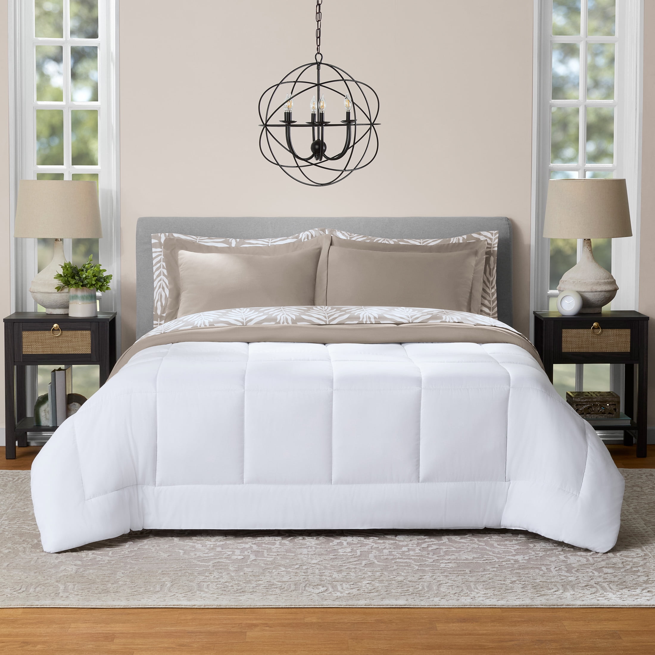 Mainstays All in One Reversible Comforter and Sheet set- 7 Piece, Full, Beige Palm