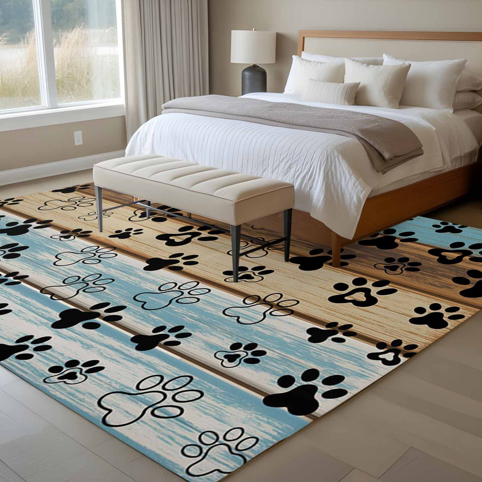 6'x9' Area Rugs, Cute Dog Claws Indoor Outdoor Area Rug for Living Room Bedroom, Farmhouse Blue Wooden Puppy Pawprints Washable Bathroom Rugs Kitchen Floor Carpet Mats Home Decor Aesthetic