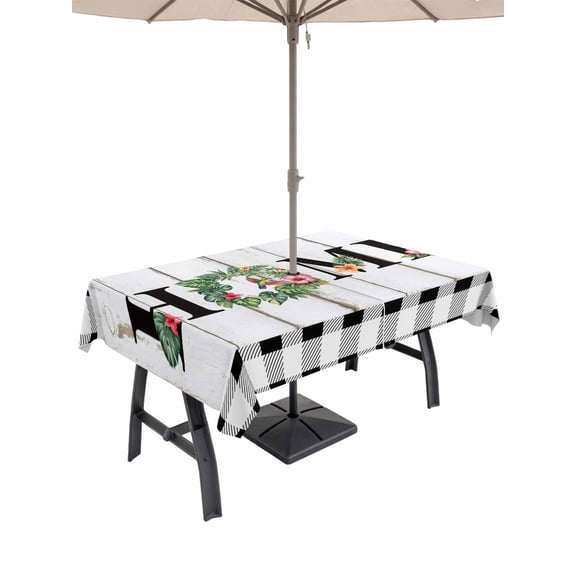 Outdoor Tablecloth with Umbrella Hole for Patio/Picnic/Party/Camping, Vintage Farmhouse Waterproof Table Cloth Rectangle Table Cover Washable, Farm Palm Leaves Floral Plaid Wooden Gray (52"x 70")