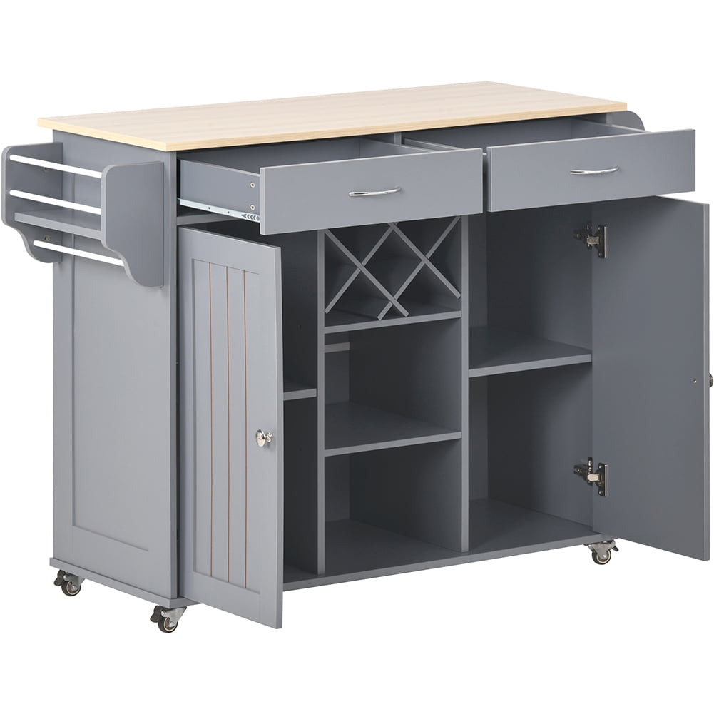 Kadyn Kitchen Island Cart, Kitchen Cart with Two Storage Cabinets and Four Locking Wheels, Kitchen Cart Cabinet with Wine Rack and Two Drawers, Gray Blue Kadyn Kitchen Island Cart, Kitchen Cart with Two Storage Cabinets and Four Locking Wheels, Kitchen Cart Cabinet with Wine Rack and Two Drawers, Gray Blue