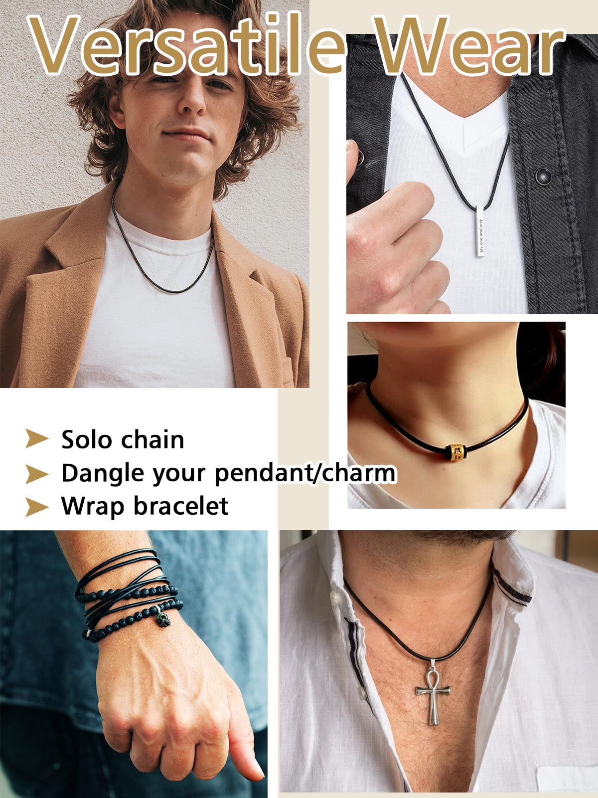 FindChic Men Waterproof Black Leather Cord Necklaces, Stainless Steel Chain Necklace 2mm Width 16-30 inch Waxed Rope Chain to Match Pendant for Dad Son, with Gift Box