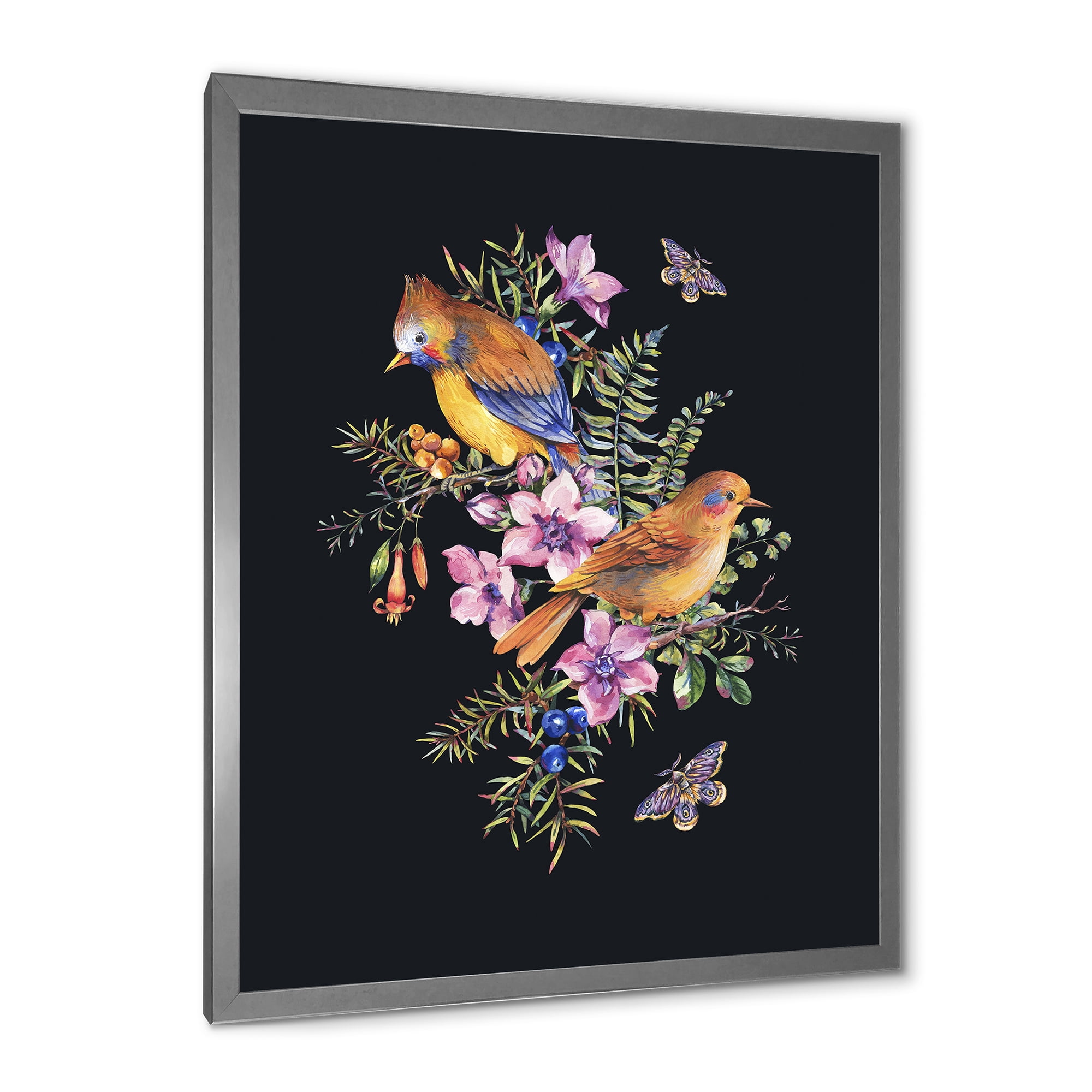 Designart 'Little Bird Sitting On Colourful Bouquet Of Wildflowers II' Traditional Framed Art Print