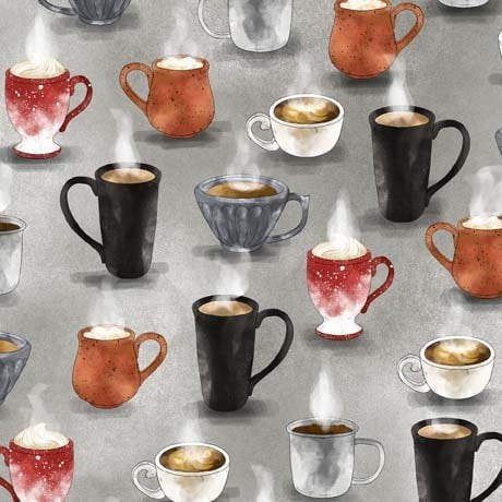 Perfect Blend Steamy Hot Coffee Gray Cotton Fabric