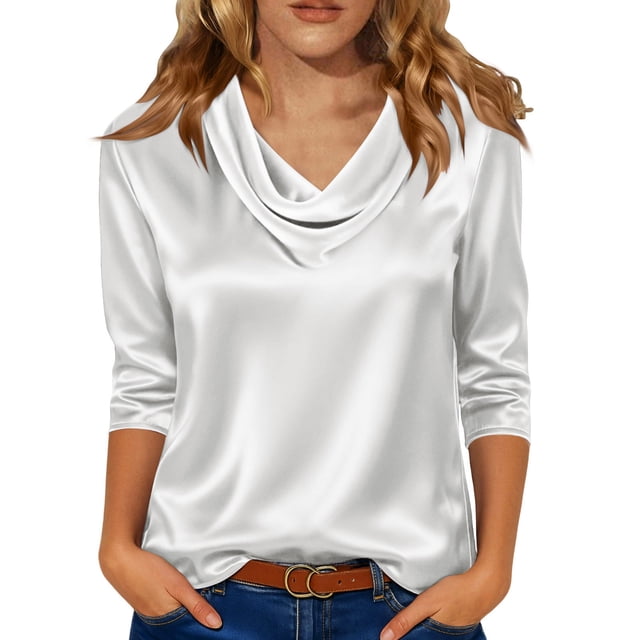 Hecho para Más Camisa Mujeres Elegante Draped Escote Plisado Cuello Satén Tres Cuartos de Manga Blusa, Suave Top Casual