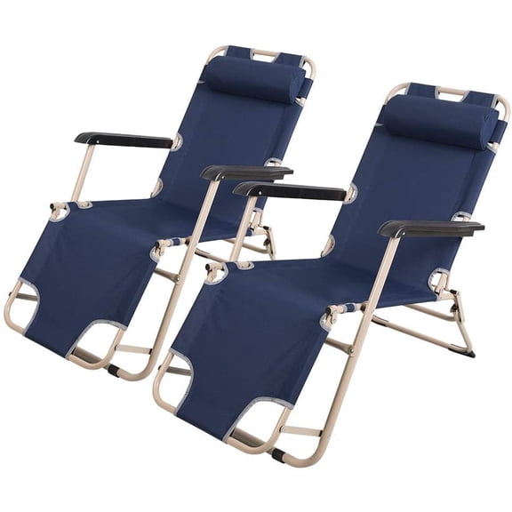 Set of 2 Lounge Chairs Folding Cot 2-in-1 Portable Reclining Beach Chair for Yard Garden Pool