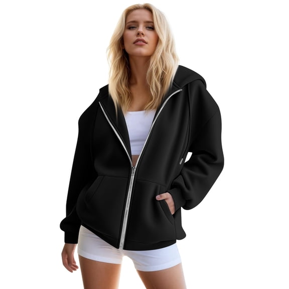 WTOBBY Women's Oversized Zip Hooded Jacket Fall Fashion Sweatshirt Casual Long Sleeve Top with Comfort Fit for Autumn Streetwear,Black L