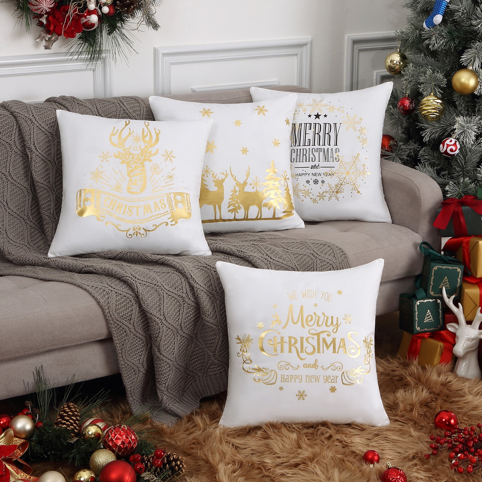 4-Pack Christmas Square Pillow Covers,18x18 Inches Velvet Touch