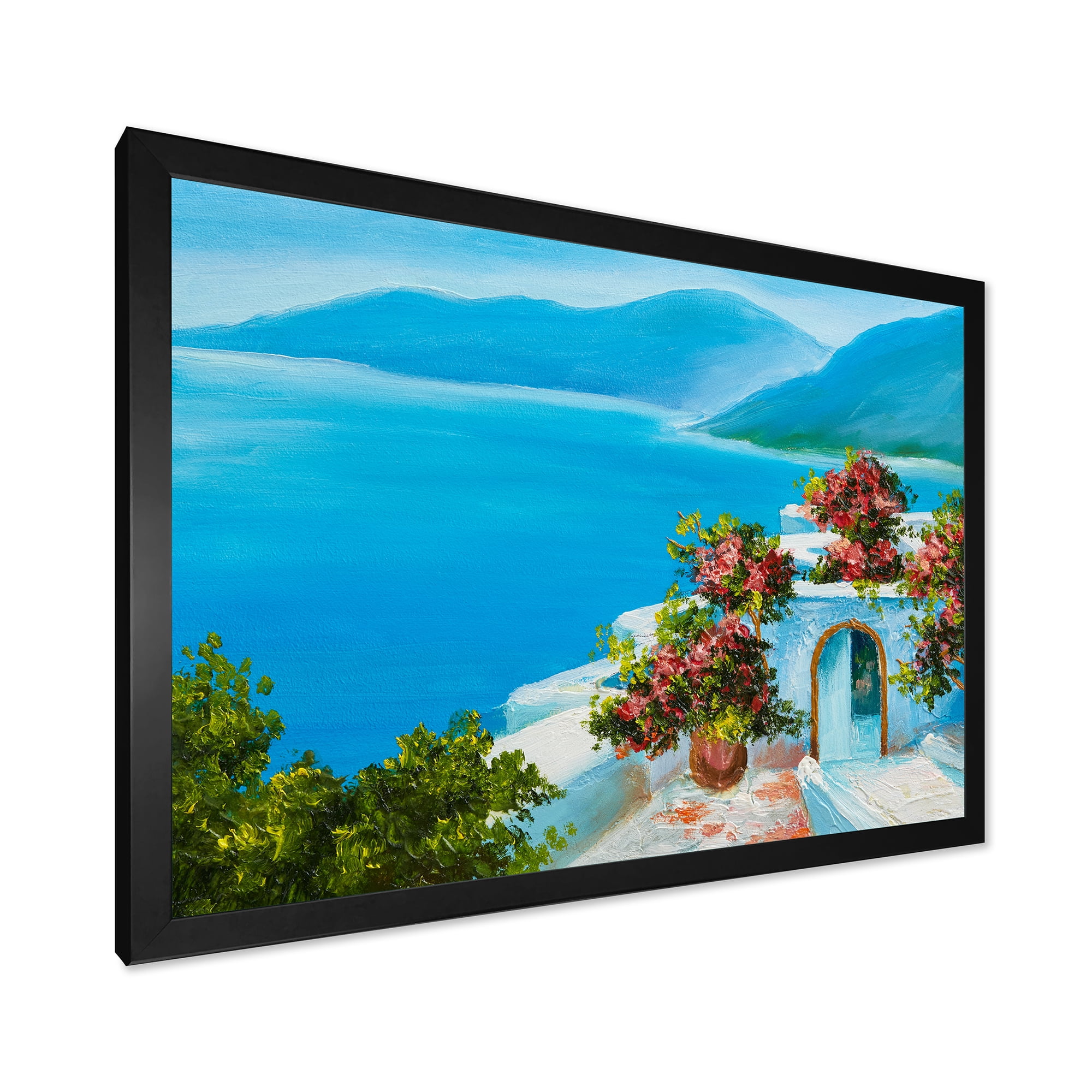 Designart 'House With Colorful Flowers Near The Sea I' Nautical & Coastal Framed Art Print