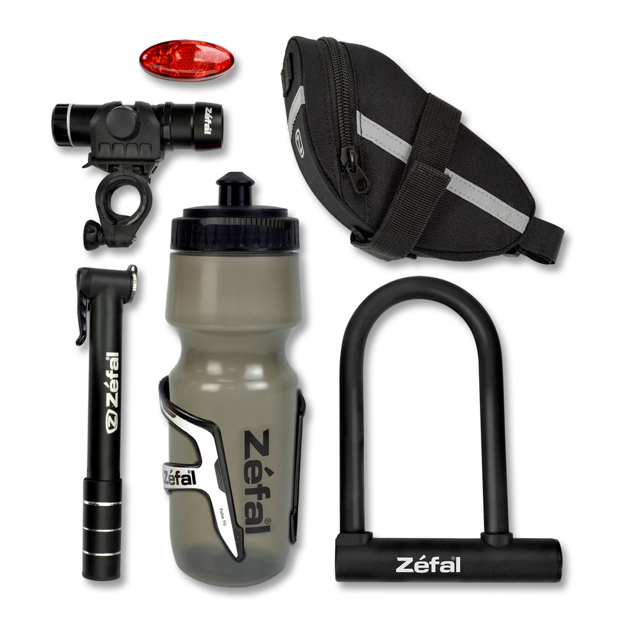 Zefal Premium Bike Accessories 7-Piece Set (Bag, Lock, Water Bottle + Cage, Pump, Light Set)