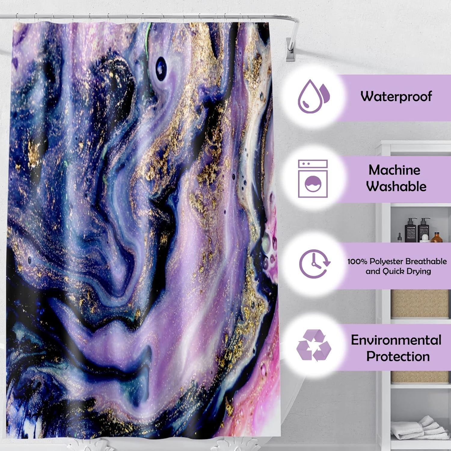 Bathroom Sets with Shower Curtain and Rugs, Toilet Lid Cover, and Non-Slip U Shape Mat, Waterproof Polyester Bathroom Shower Curtain Sets with 12 Hooks