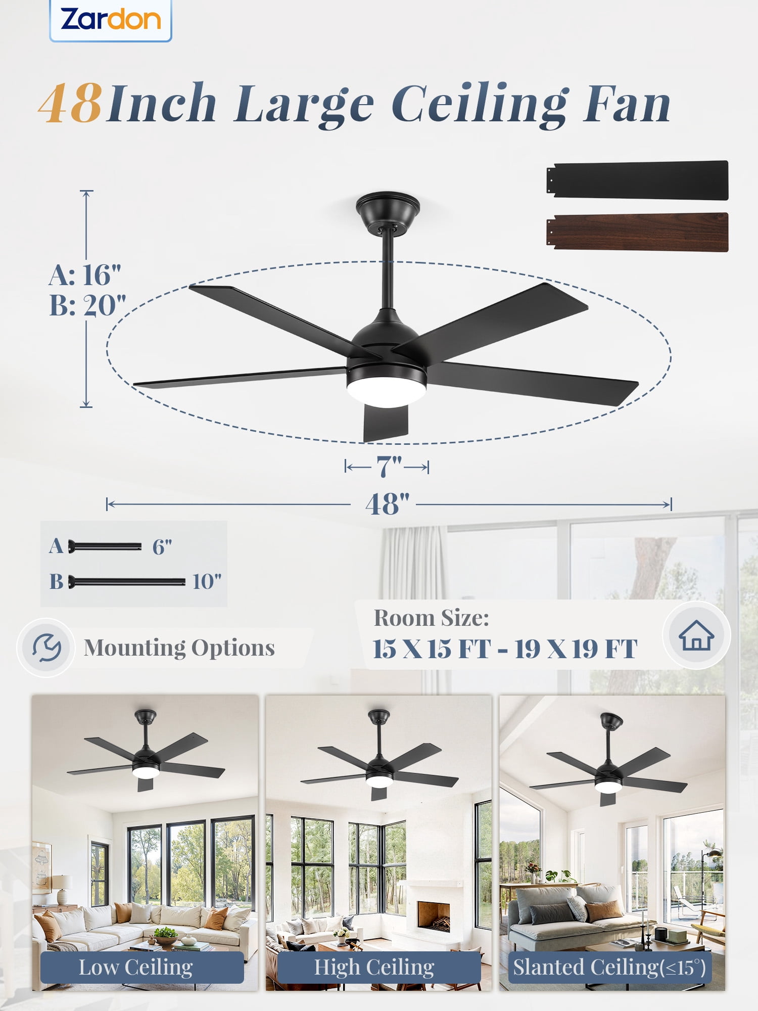 Zardon 48in Ceiling Fans with Light and Remote Control, Modern Flush Mount Ceiling Fans with 6-Speed for Indoor, Outdoor, Black