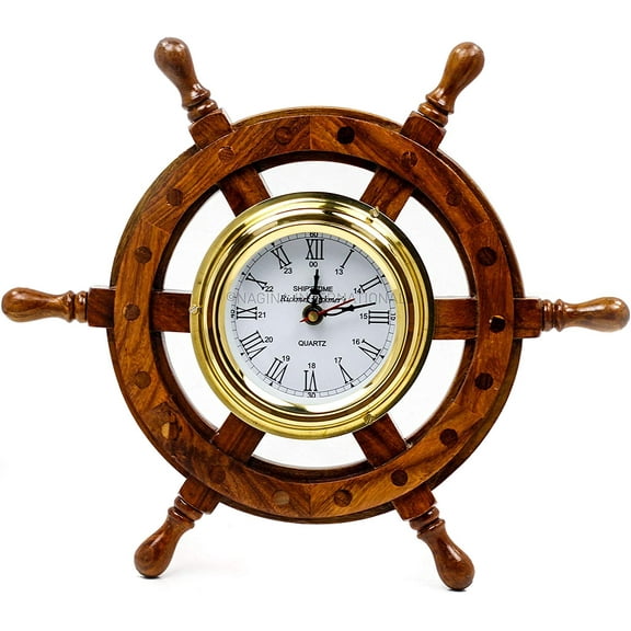 Nagina International 24" Wood and Brass Ship Wheel Clock | Captain's Maritime Beach Home Decor