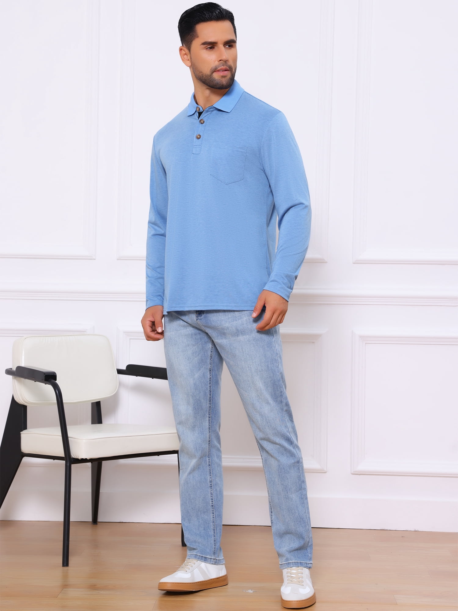 DARING DIVA Men's Contrast Button Collared Long Sleeves Golf Polo T-Shirts 2XL Light Blue