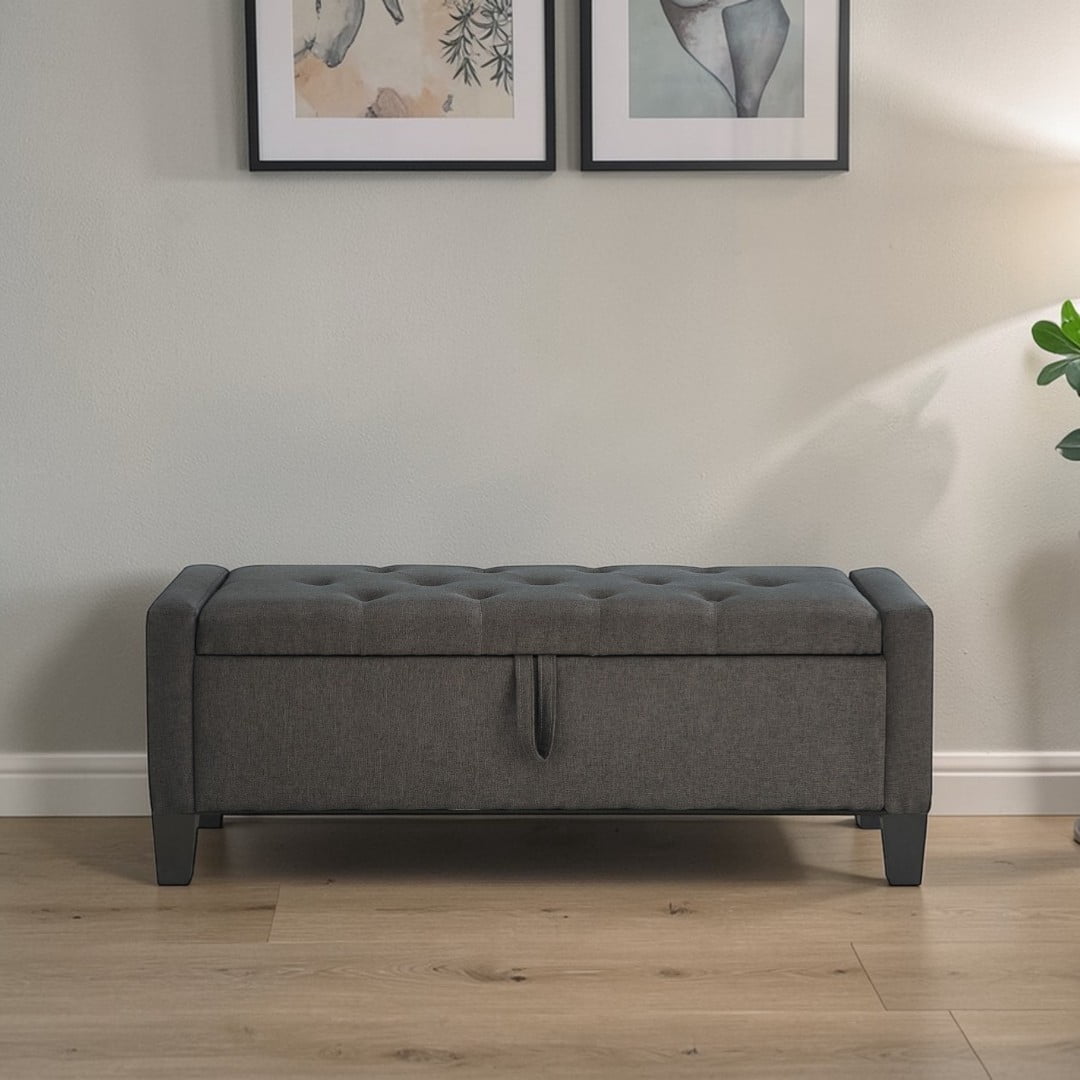GZXS Multi-Functional Entryway Bench with Hidden Storage & Side Magazine Pocket - 45"L x 17"W x 17"H, Linen Fabric Upholstered Bench Ottoman with Tufted Cushion Seat, 350 lbs Capacity, Dark Gray