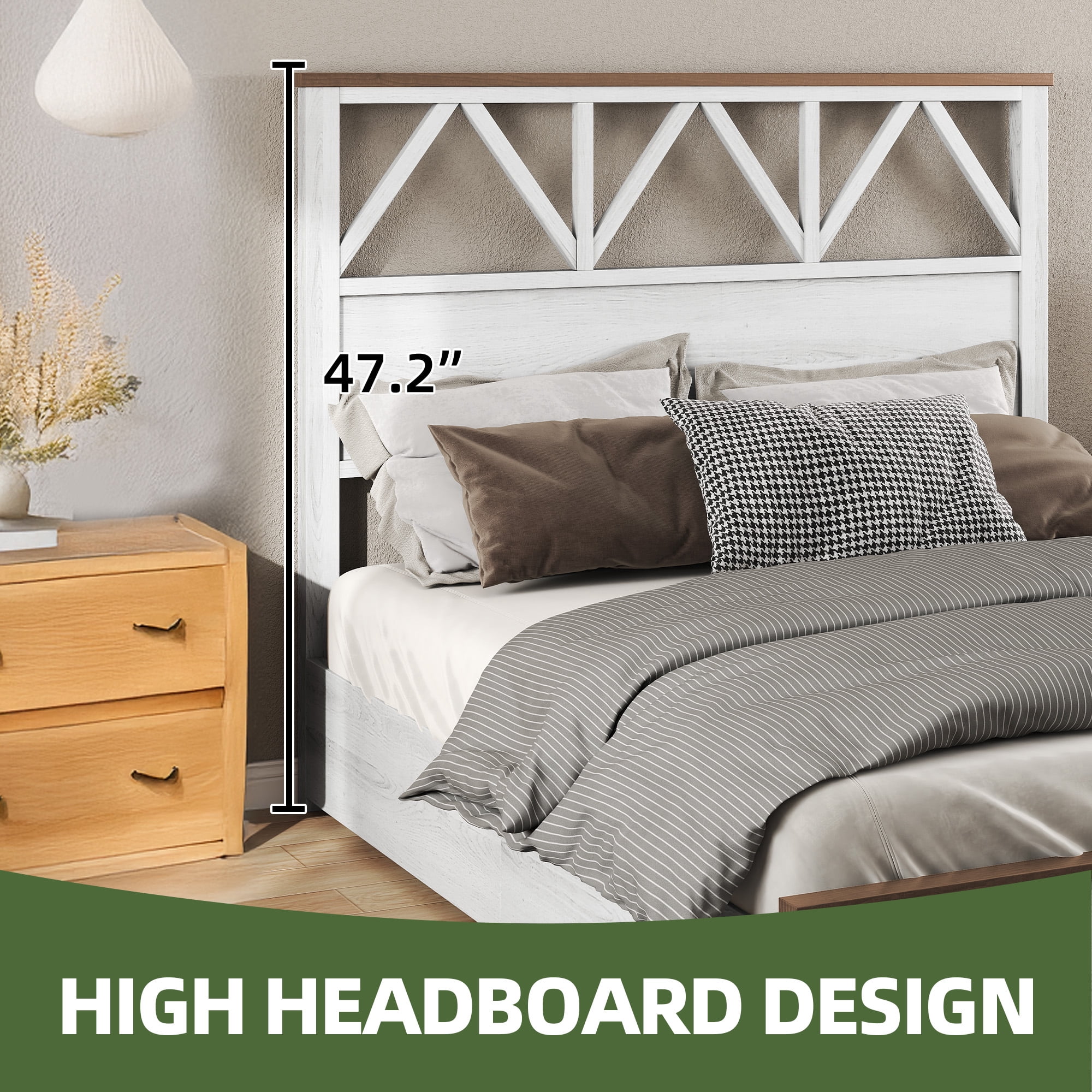 Uforic Full-Size Bed Frame with V-Pattern Headboard, Noiseless Slats, No Box Spring Needed, Washed Gray