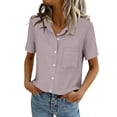 thumbnail image 2 of Women Button Down Shirts Lapel Short Sleeve Shirt Collared Work Tops Business Casual Dressy Summer Spring Clothes with Chest Pocket, Pink XXL, 2 of 7