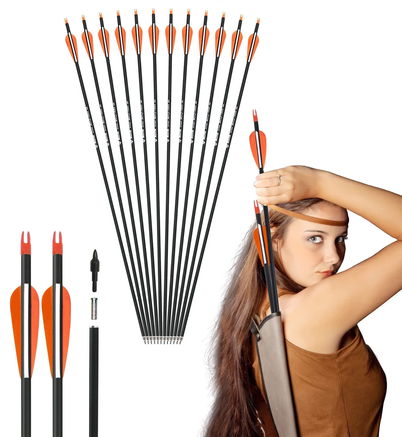 Carbon Arrow Practice 31 Inch Hunting Arrows Spine 400 with Removable Tips for Archery Compound & Recurve & Traditional Bow (12 Pcs)