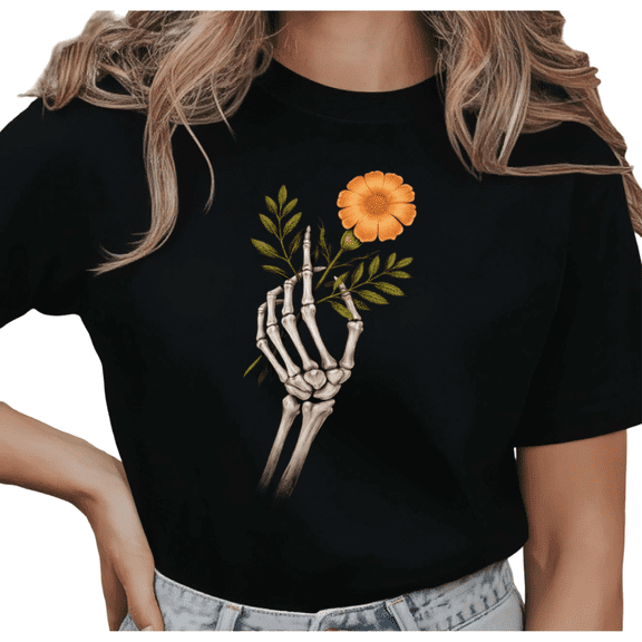 UNISHE Women's Skeleton Hand Holding Orange Flower Graphic Short Sleeve T-Shirt Casual Cotton Crewneck Top