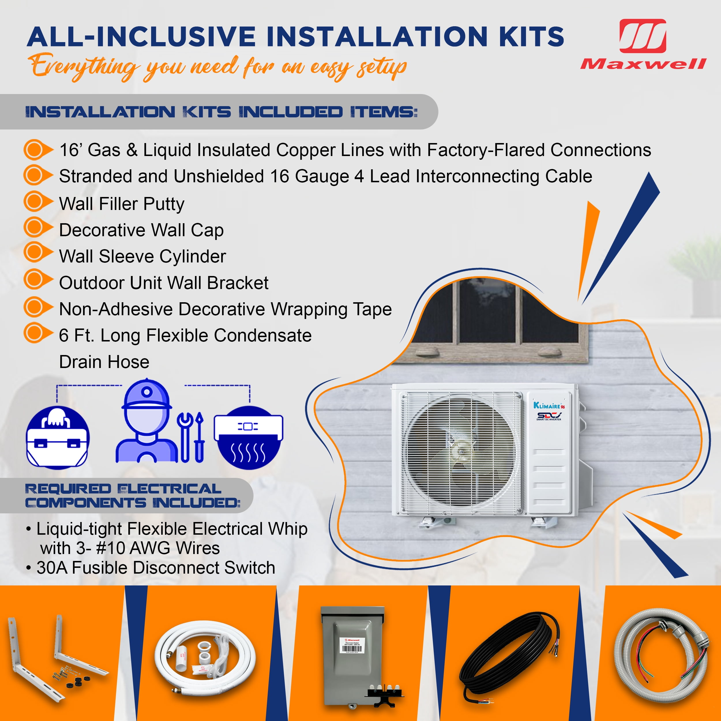 Klimaire 12,000 BTU 22 SEER2 Ductless Mini-Split Heat Pump Air Conditioner 550 sq. ft. (115V)