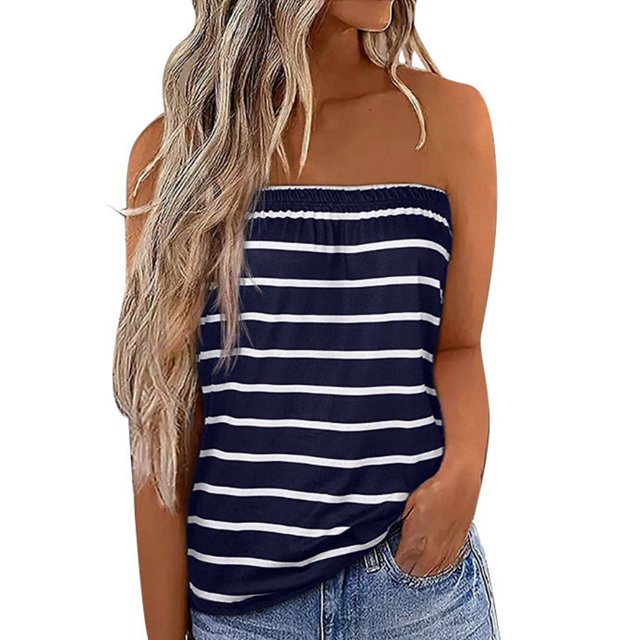Top de tubo para mujer, camiseta sin mangas con hombros descubiertos, informal, a la moda, sin tirantes, blusa para fiesta en la playa, azul marino M