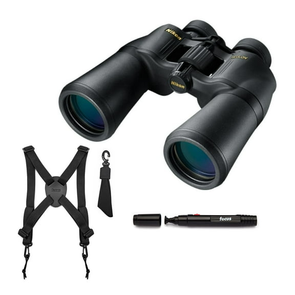 Nikon 10x50 ACULON A211 Binoculars with 10-Power Multicoated Lenses (Black) Bundle with Focus Camera Binocular Harness and Focus Lens Cleaning Pen (3 Items)