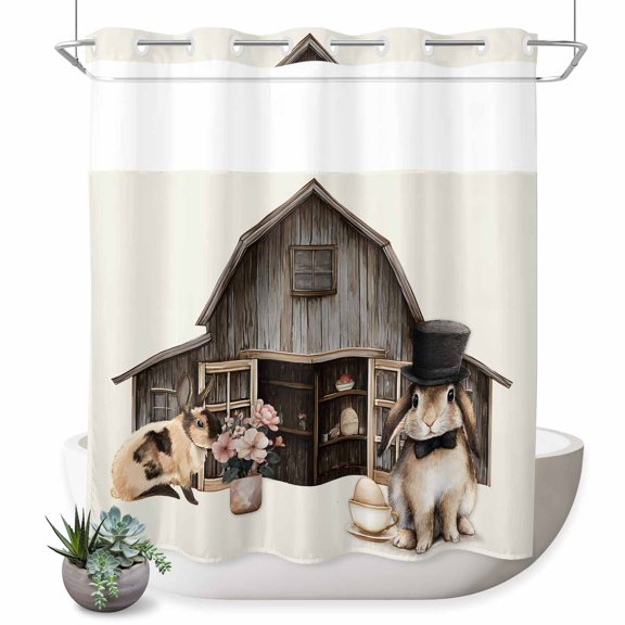No Hook Shower Curtain, Easter Bunny Shower Curtains for Bathroom with See Through Top Window, Vintage Farmhouse Countryside Rabbits Floral Waterproof & Washable Bath Curtain Standard 72"x72"