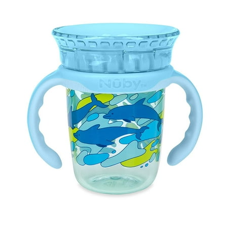 Luv N Care/NUBY Nuby 360 Edge 2 Stage Drinking Rim Cup with Removable Handles & hygienic Cover: 8 Oz/ 240 Ml, 12M+, Dolphins, Aqua