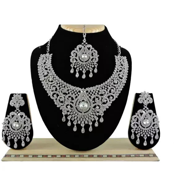 Silver Plated Rhinestone Choker Necklace Earrings Tikka Set